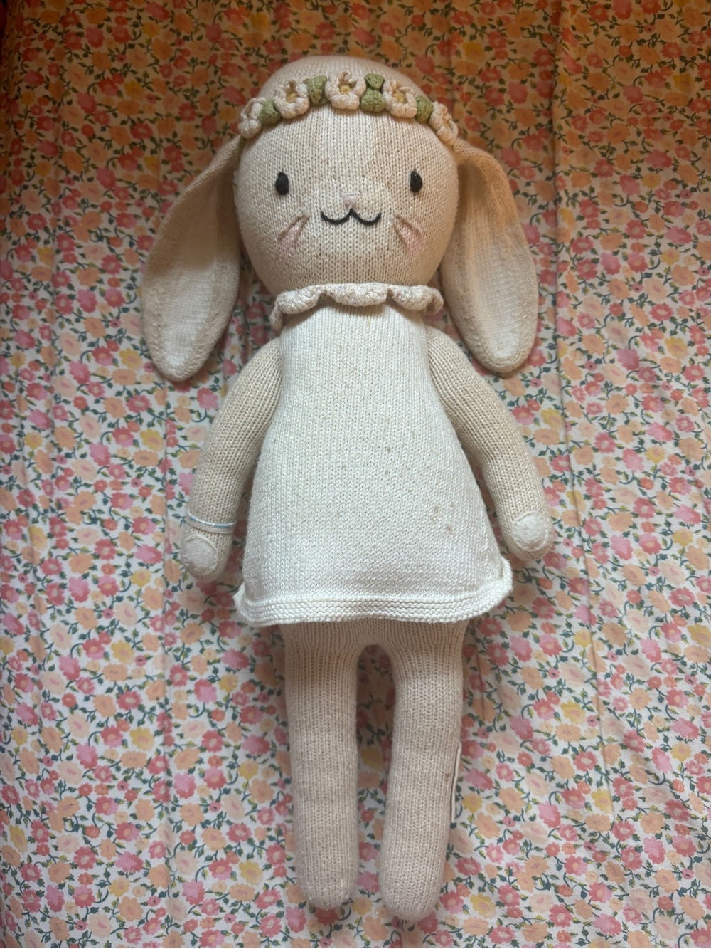 Cream Knit Bunny Plush with Floral Headband - Soft Cuddly Toy
